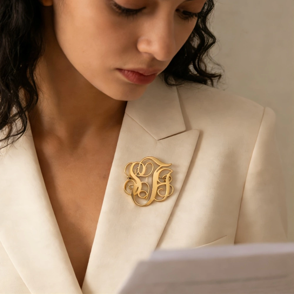 Embroidery Name - Custom Cursive Monogram Brooch Personalized Stainless