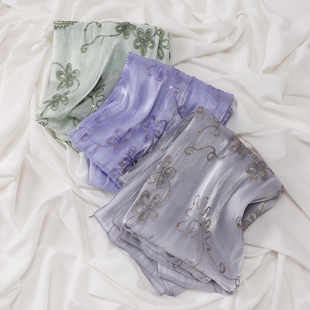 Embroidery Hijab - Elegant Hijab Shawl Embroidery Shimmer Glitter