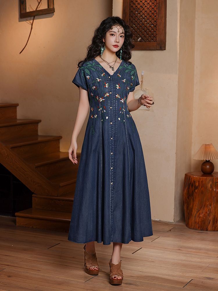 Embroidery Dress - TIYIHAILEY Women Denim Dresses Long Mid-Calf