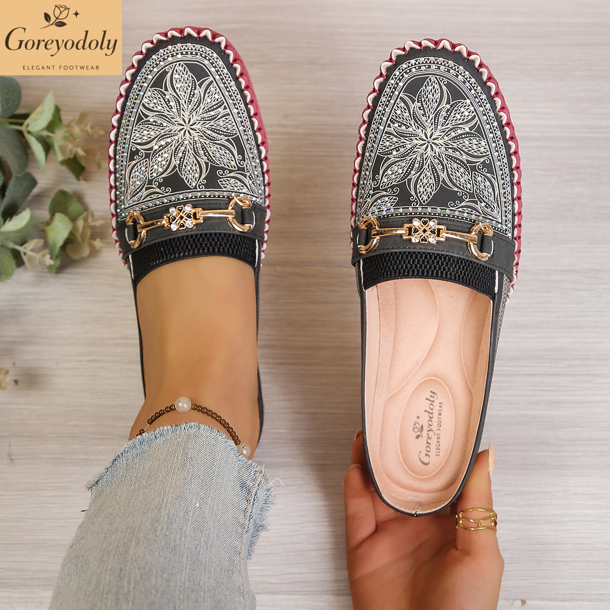 Goreyodoly women mule flats rh - Embroidery Print review and price