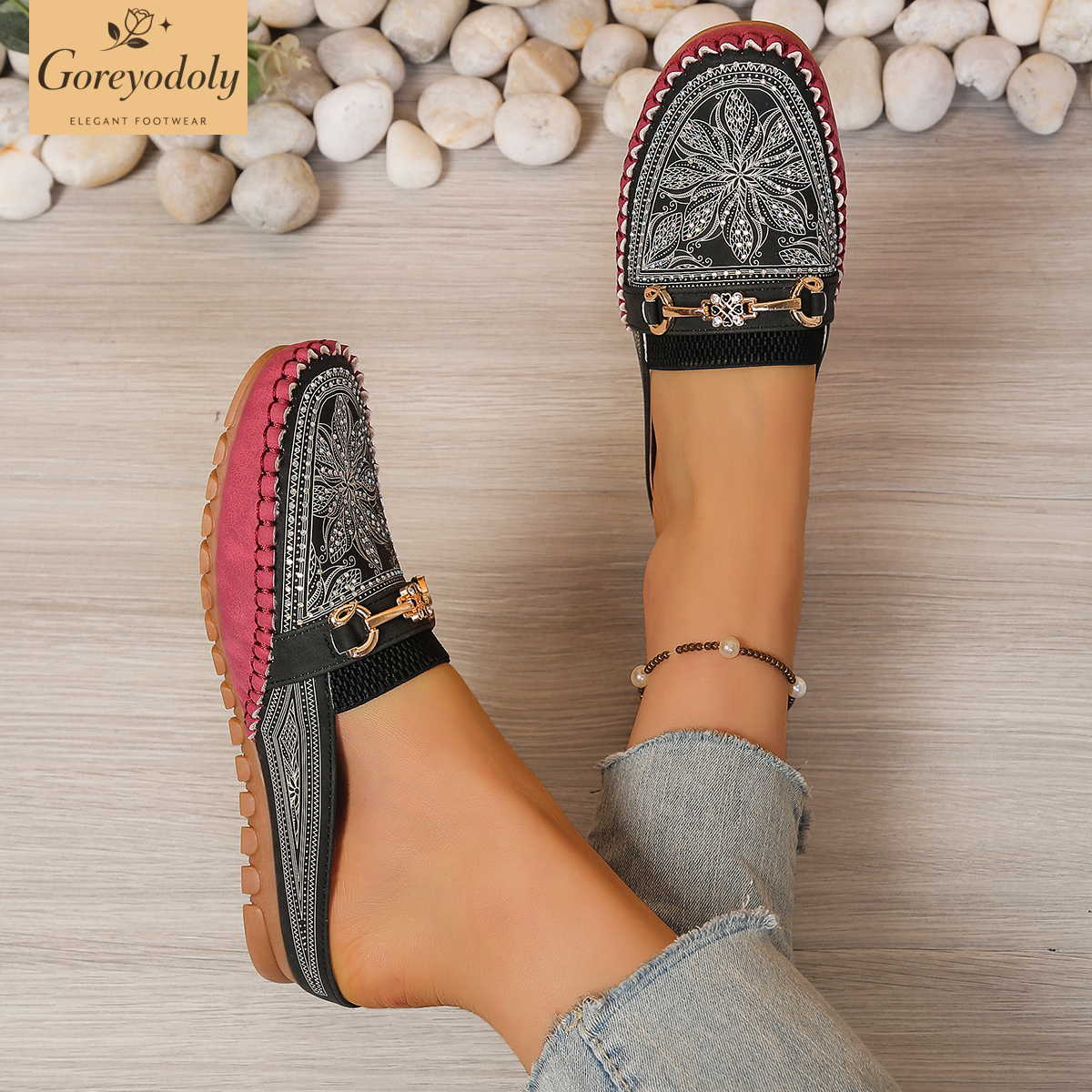 Goreyodoly women mule flats rh - Embroidery Print review and price