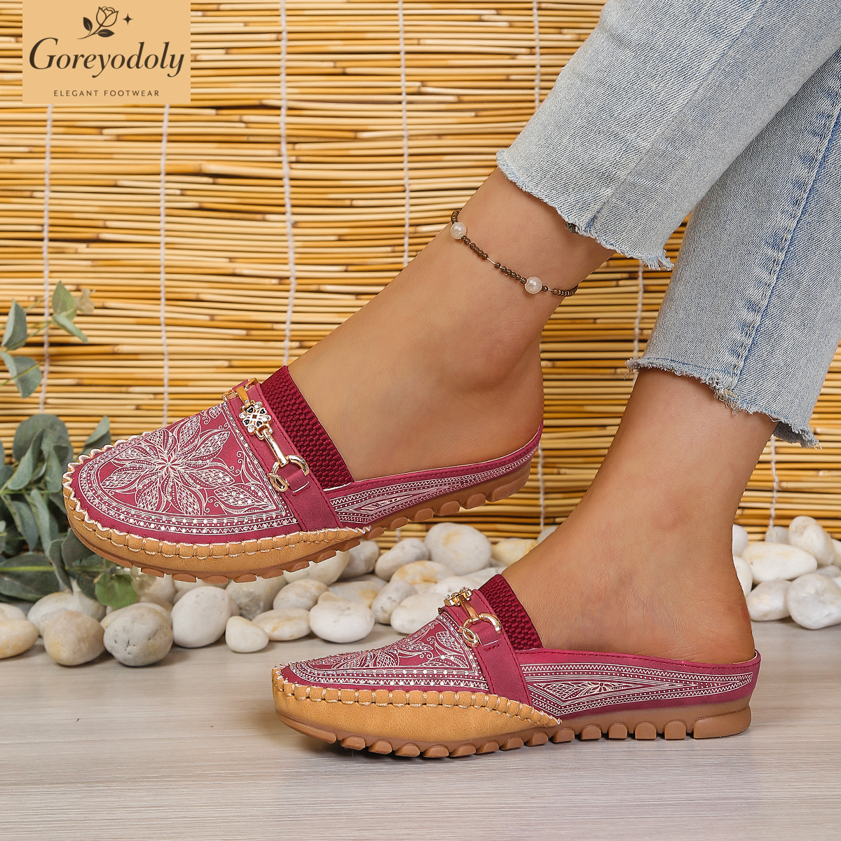 Goreyodoly women mule flats rh - Embroidery Print review and price