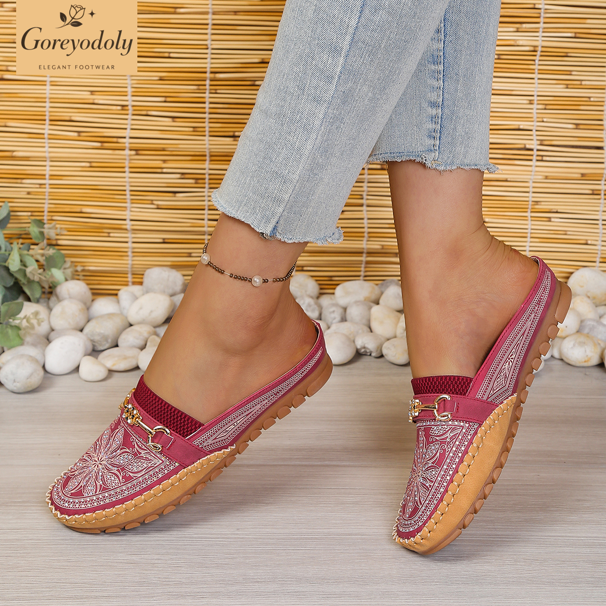 Goreyodoly women mule flats rh - Embroidery Print review and price