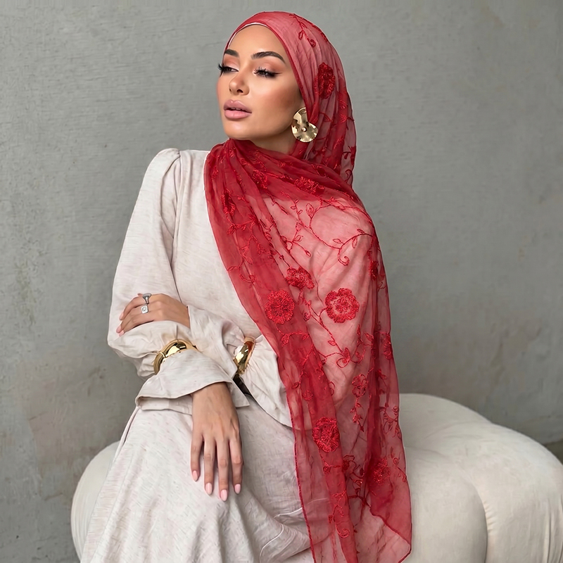 Floral Embroidery Muslim Hijab - Embroidery Print review and price