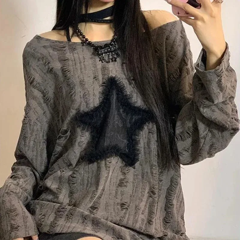 Y2K Hole Star Print T-Shirt Wo - Embroidery Class review and price