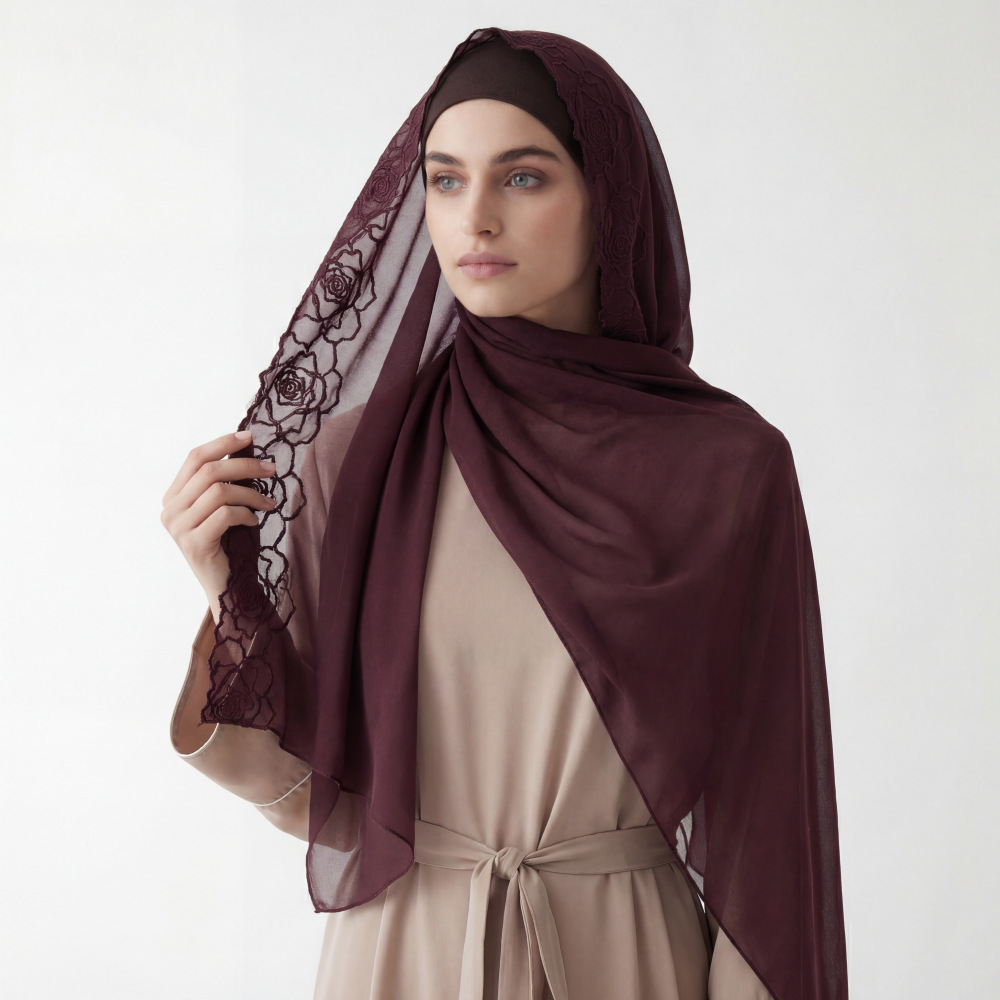 Purple Chiffon Hijab Shawls Wo - Embroidery Hijab review and price